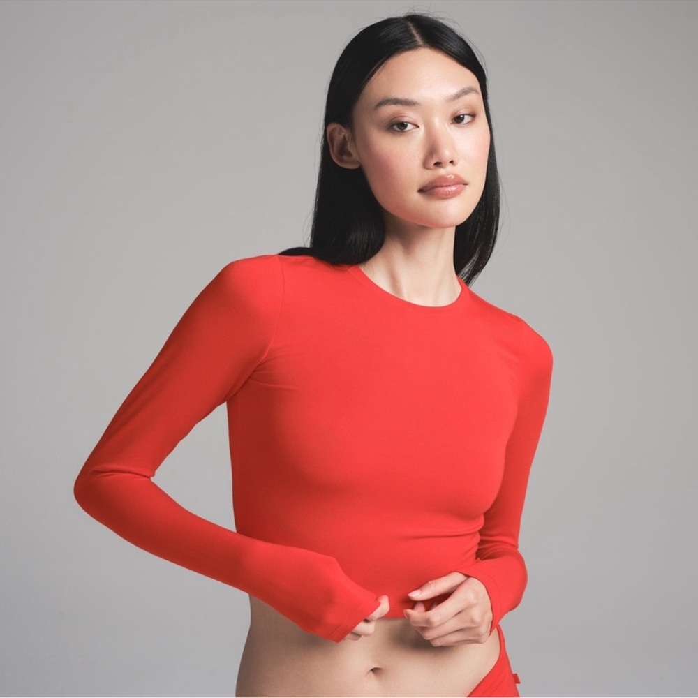❤️NWT SKIMS SLEEP SUPER CROPPED LONG SLEEVE TOP RUBY RED X-LARGE LIMITED EDITION